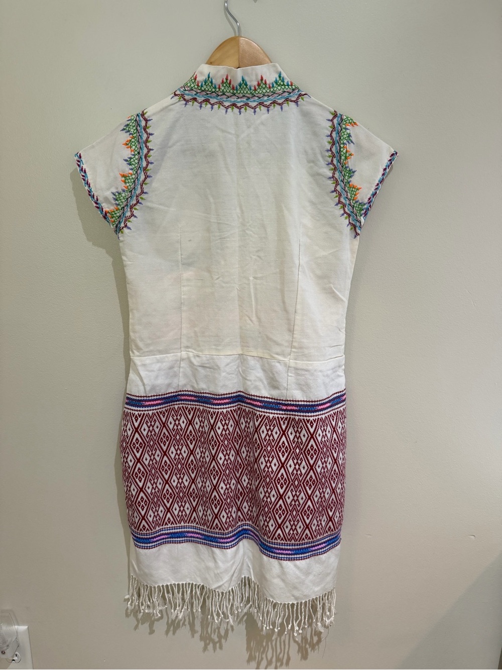 Hand-Embroidered White Boho Fringe Tunic Dress with Colorful Stitching small - Picture 2 of 15